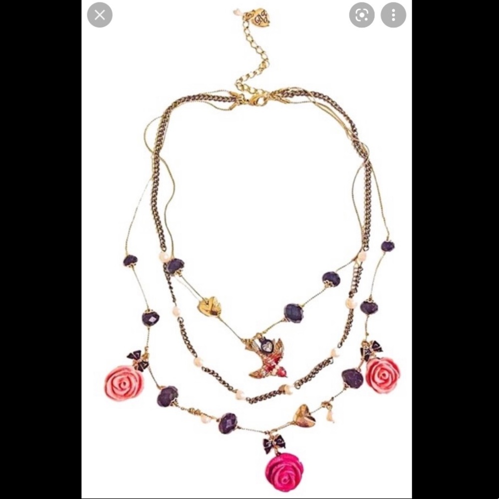 Betsey Johnson Gold Color Rose Bow Heart Pearl Layer Bird Sparrow Pinup Necklace